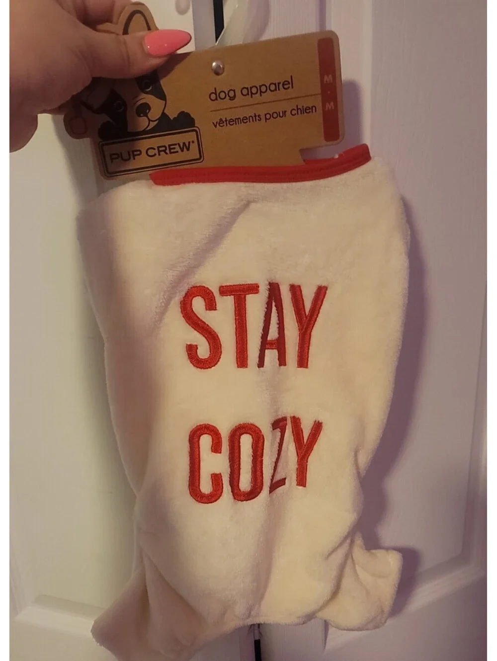 PUP PROOF FLEECE STAY COZY CREAM/RED DOG PET ROMPER MEDIUM NWT 17